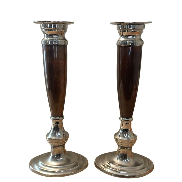 Traditional Elegant Silver Painted Candle Holders Heavy Made in India Set of 2 - Picture 1 of 10